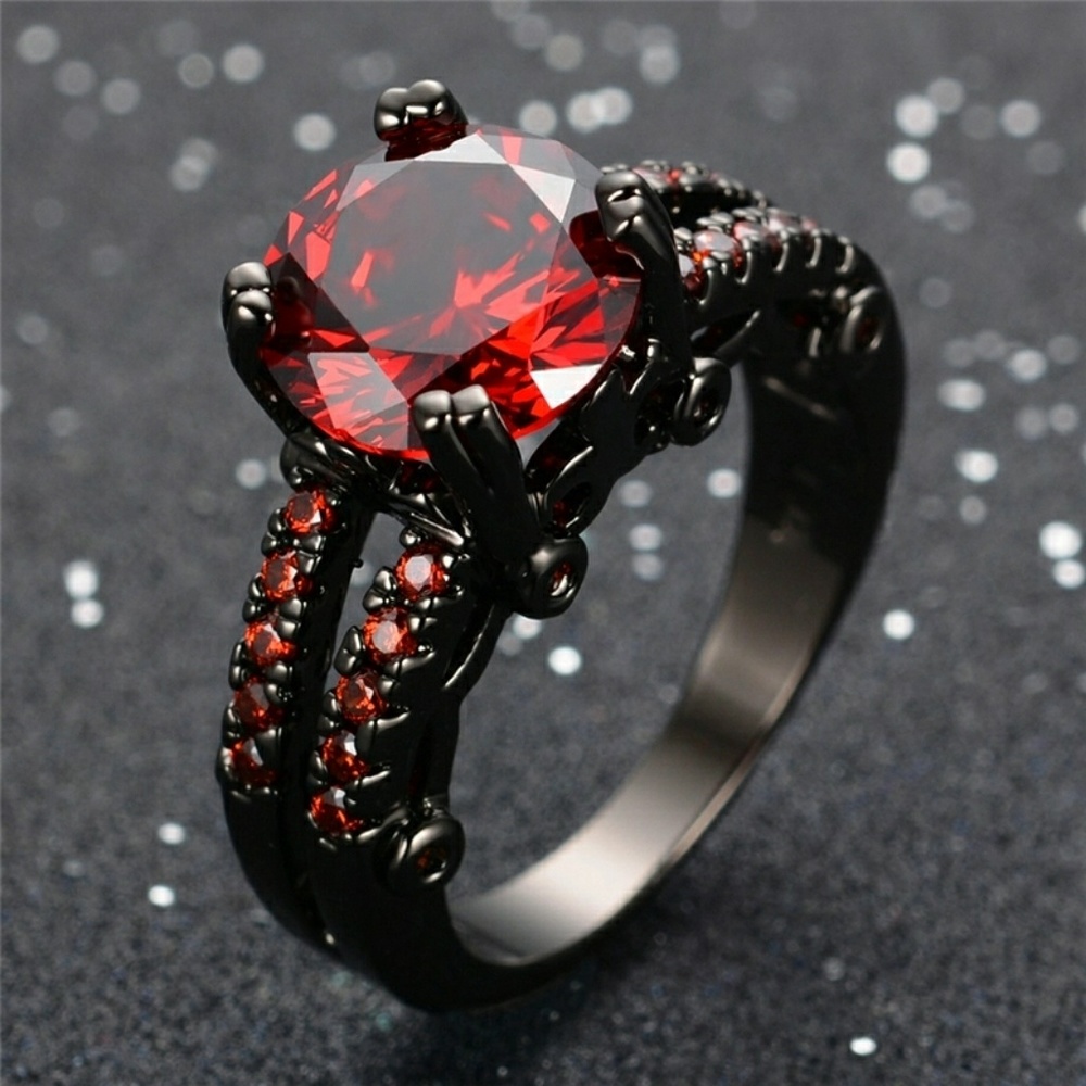 Gothic Red CZ Ring Black Gold Plated Size 7 Vintage Style Statement Jewelry